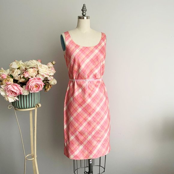 ANN TAYLOR LOFT Size 2 Pink Silk Sleeveless Preppy Tartan Sheat Dress - Picture 3 of 8